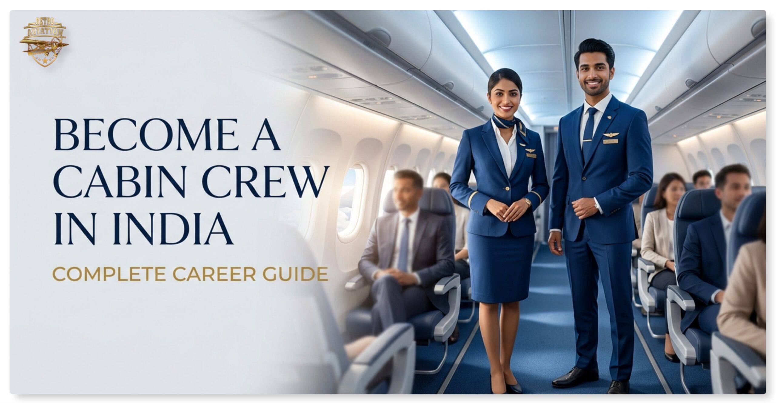 two cabin crew members standing inside a airoplane, passengers are sitting on the seats of plane