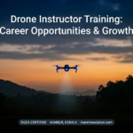 a drone floating on the evening sky with lights, instructed by retro