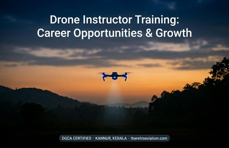a drone floating on the evening sky with lights, instructed by retro
